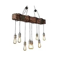kjlars suspension lustre industrielle en bois luminaire noire vintage lampe rétro métal hauteur abat-jour pour restaurant e27 salon chambre cuisine bar (8-lumières)