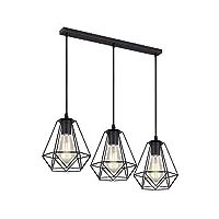 idegu 3 lampes suspension vintage, 20cm lustre suspension en métal abat-jour luminaire en forme dimant de cage avec support en barre, noir (3 lumières - 50cm)