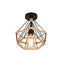 wowewa lampe de plafond rétro vintage plafonnier industrielle cage en forme diamant en métal avec corde de chanvre fer lustre suspension luminaire pour salon salle chambre décorer maison,25cm