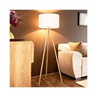 jago® lampadaire trépied - led, en bois, taille 145 cm, Ø 45 cm, e27 max. 60 w, abat-jour blanc, style moderne, scandinave - luminaire, lampe sur pied pour salon