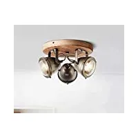 plafonnier industriel à 3 ampoules pour lampes gu10 - lampe spot vintage en métal et bois aspect acier brûlé / bois - plafonnier avec spots pour couloir, cuisine et salon