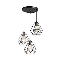idegu 3 lampes suspension vintage, 20cm lustre suspension en métal abat-jour luminaire en forme dimant de cage avec support en barre, noir (3 lumières - 30cm)