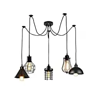 lustre vintage 5 lampes en forme d'araignée à hauteur réglable en métal noir avec support e27