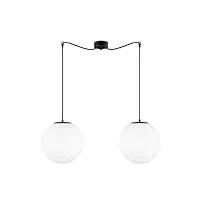sotto luce tsuki lampe suspension boule à 2 lumières - verre opale mat/noir - câbles textiles noirs de 1,5 m - rosace de plafond noire - 2 x e27 - ø 30 cm