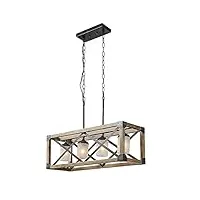 zkk lustre rectangulaire en bois e14 base de lampe suspension en métal avec cage en maille luminaire industriel plafonnier rétro (quatre lampes)