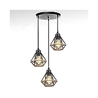 stoex suspension luminaire industriel design rétro, lustre suspendue 3 lampe en métal corde de chanvre, éclairage plafond salons cuisine noir Ø160mm, ampoules e27 max.60w