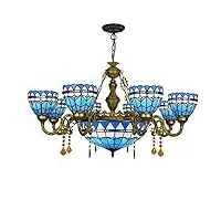 lustre lampes de sol/de table de style tiffany, lustre à 8 bras en verre teinté bleu méditerranéen vintage de style tiffany avec luminaire de villa à plafond inversé de 6 pouces