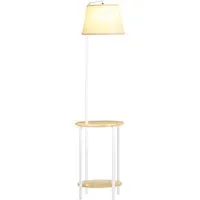 homcom lampe sur pied lampadaire salon avec abat-jour en tissu 2 étagères rondes en bois interrupteur au pied hauteur 162 cm blanc