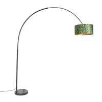 lampe à arc botanique abat-jour velours noir motif paon 50 cm - xxl