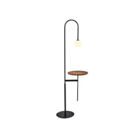 lampadaire avec table ehenu h175cm métal noir, verre blanc et bois foncé