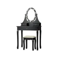 costway coiffeuse avec un miroir et lampe à led,table de maquillage avec un tabouret et 3 tiroirs pieds en bois de pin résistants (noir)