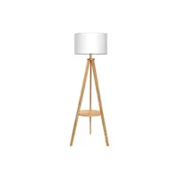 lampadaire tomons lampadaire trépied en bois, lampe sur pied avec tablette et ampoule e27 8w, abat-jour en tissu blanc, style scandinave, moderne nordique pour salon,