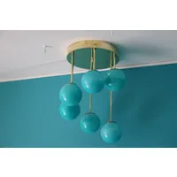 lustre design court à 6 globes en verre de murano bleu turquoise