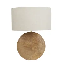 lampe ronde en bois de manguier et abat-jour beige