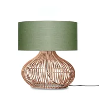 lampe de table rotin abat-jour lin naturel/vert for√™t, h. 60cm