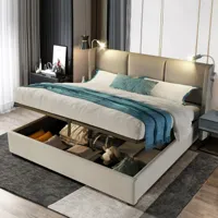 lbf lit double moderne capitonné avec espace de rangement et lampe de lecture, avec fonction de charge usb, tête de lit, lit à sommier tapissier avec sommier à lattes en métal, lin, 160 x 200 cm  beige