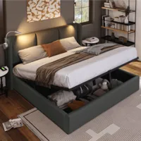 lbf lit double moderne rembourré, avec espace de rangement, lampe de lecture, tête de lit, lit à sommier à lattes en métal (gris, 140 x 200 cm)  gris