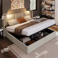lbf lit double moderne rembourré, avec espace de rangement, lampe de lecture, tête de lit, lit à sommier tapissier avec cadre en métal, lin (lin, 160 x 200 cm)  beige