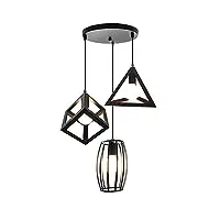 stoex suspension luminaire vintage cage métal noir, lustre industriel 3 lampes e27 corde ajustable pour salon cuisine chambre (suspension trio à cercle - noir)