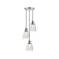 phansthy lampes suspendues industrielles rétro avec abat-jour en verre transparent, luminaire de cuisine e27 3 lampes suspendues au plafond à montage affleurant pour salon et salle à manger (brossé)