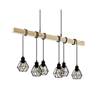 eglo suspension luminaire townshend 5, lustre à 6 lampes au design vintage et industriel, abat-jour suspendus rétro en acier noir et en bois, douille e27