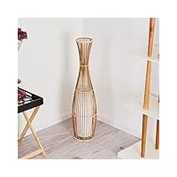 lampadaire saranda, lampe de sol vintage en bambou/tissu en naturel/blanc, Ø 18 cm, douille e27, lampadaire style boho avec interrupteur à pied sur le câble, sans ampoules