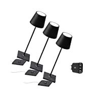 [amazonexclusive] zafferano set 3x lampes portables poldina pro, chargeur triple usb aiino pour charger lampe/smartphone en simultané, led tactile réglable, base de charge à contact, h38cm - noir