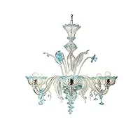 lustre murano venier 5 lumières - réalisé en verre cristal transparent avec finition en rigadin torsadé et baloton, décoration bleu ro, pièces métalliques chromées