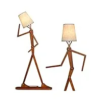 costway lampadaire bois de caoutchouc humanoïde créatif, lampadaire sur pied articulations réglables, abat-jour en tissu changeable et interrupteur au pied pour salon chambre à coucher