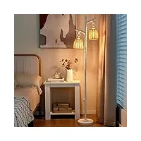costway lampadaire sur pied en forme d’arbre, lampe avec 2 abat-jour en osier, lampadaire à variation d'intensité avec interrupteur à pied, culot e27, pour salon, chambre, bureau, blanc