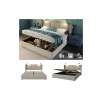 lit coffre en lin avec tête de lit réglable, charge usb et lampe de lecture 140 x 200 cm (matelas  non inclus)-beige