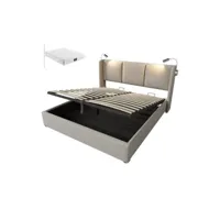 lit coffre en lin avec tête de lit réglable, charge usb et lampe de lecture 140 x 200 cm (matelas  inclus)-beige