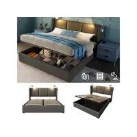 lit coffre 160x200 cm avec sommier à lattes, lampes de lecture et ports usb, tissu en pu, gris