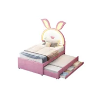 lit simple rembourré pour enfant rose 90 x 200 cm, tissu velours avec lit gigogne, tiroir de rangement et lampe led à changement de couleur