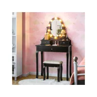 giantex coiffeuse avec 10 ampoules led en forme de rose et tabouret, miroir ovale à 3 tiroirs lampe blanche romantique