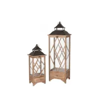set de 2 lanternes en bois de sapin marron et métal noir