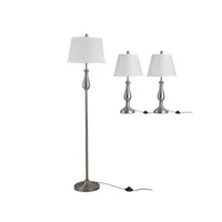 lot de 3 luminaires design contemporain - lampadaire sur pied + 2 lampes de tables - métal inox brossé abat-jour blanc