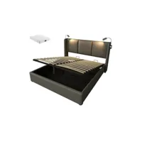 lit coffre en simili-cuir avec tête de lit réglable, charge usb et lampe de lecture 140 x 200 cm (matelas inclus)-gris