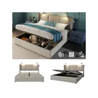 lit coffre 140x200 cm avec sommier à lattes, lampes de lecture et ports usb, tissu en lin, beige