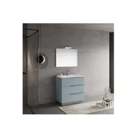 meuble de salle de bains sur pied 80cm tiroirs bleu ciel, miroir et lampe new york