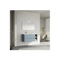 meubles de salle de bains suspendus 100cm bleu clair, lavabo et miroir avec lampe new york