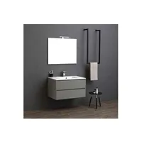 meuble de salle de bain suspendu 90cm 2 tiroirs gris perle, lavabo en résine, miroir 90x70 avec lampe valentina