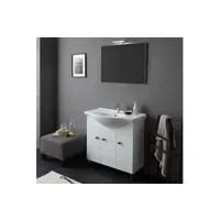 meuble de salle de bains de 85 cm à poser au sol, blanc brillant, miroir et lampe smeraldo