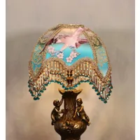 abat-jour victorien de 30 cm | 12 po. bleu ombré à taupe recouvert lacets anciens et broderies chinoises d'aigle, décoré franges perlées la main