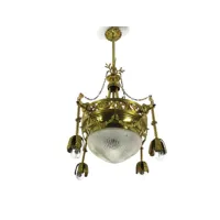 lustre art nouveau, france, bronze doré verre gravé ornement magnifique 5 lumières