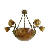 lustre à suspension art nouveau, albâtre, ambre, nuances de fleurs, 9 lumières, magnifique