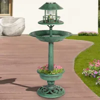 fontaine abreuvoir à oiseaux verte sur pied avec lampe solaire
