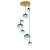 lampe à suspension art déco en laiton et verre bleu ronde 7 lumières - sandra