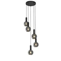 lampe à suspension art déco noire avec verre fumé ronde 5 lumières - josje
