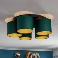 euluna plafonnier soho, cylindrique 5 lampes vert/doré